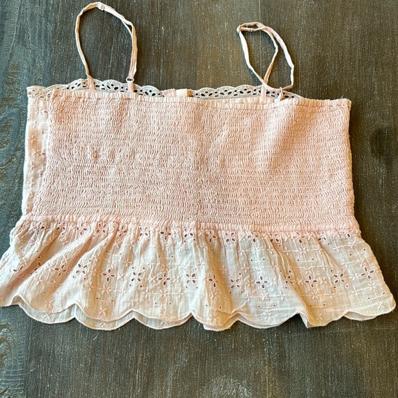Aerie Camisole Top EUC Pink Smocked Embroidered Tie Waist Baby Doll Size M - Picture 2 of 9